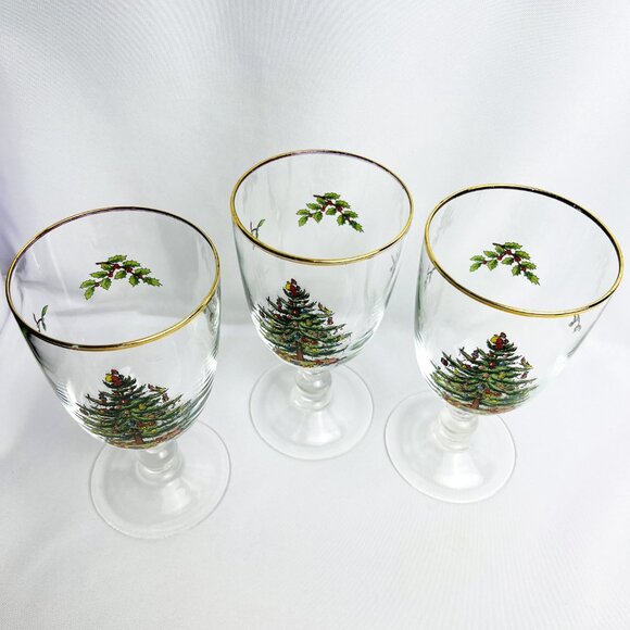 Spode Christmas Tree Vintage Pedestal Goblets Holiday Glasses Gold 16 oz 3 pcs. - Picture 4 of 9